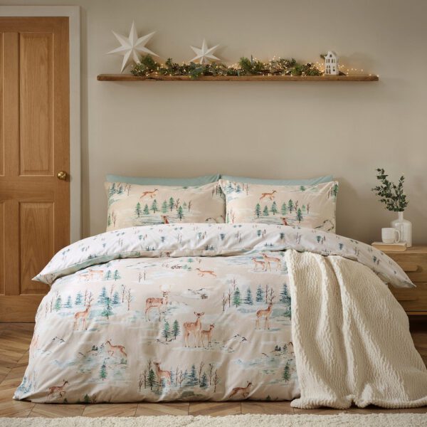 Natúr színű flanel ágyneműhuzat Brushed Christmas Deer – Catherine Lansfield