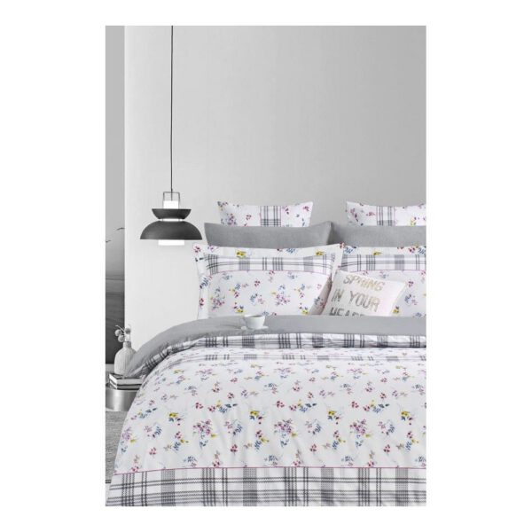 Fehér-szürke kétszemélyes hosszabbított négyrészes  renforcé pamut ágyneműhuzat lepedővel 200x220 cm – Mila Home