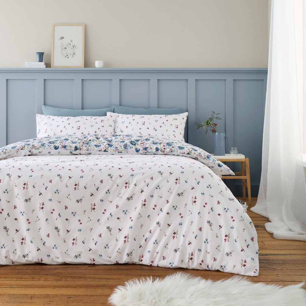 Fehér-kék egyszemélyes flanel ágyneműhuzat 135x200 cm Ophelia Floral – Bianca