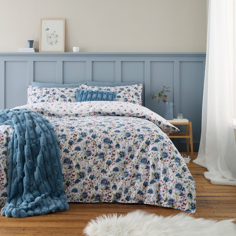 Fehér-kék egyszemélyes flanel ágyneműhuzat 135x200 cm Ophelia Floral – Bianca